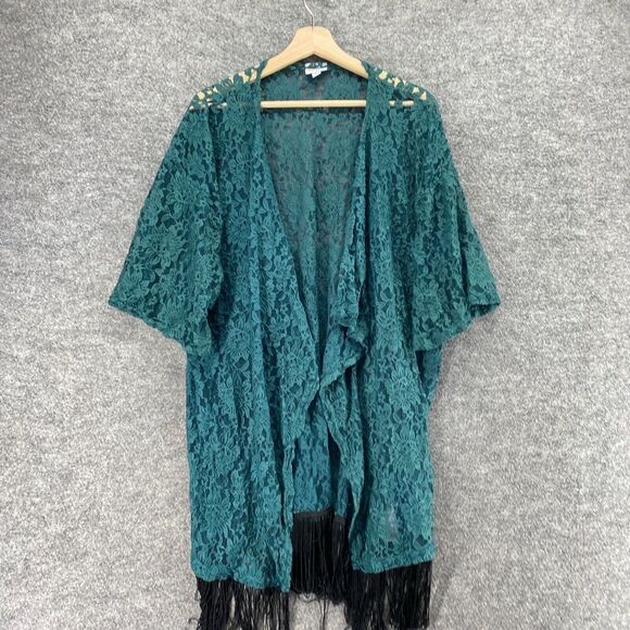 LulaRoe Top Women L Large Blue Floral Crochet Fringe Short Sleeve Open Front - Picture 3 of 9